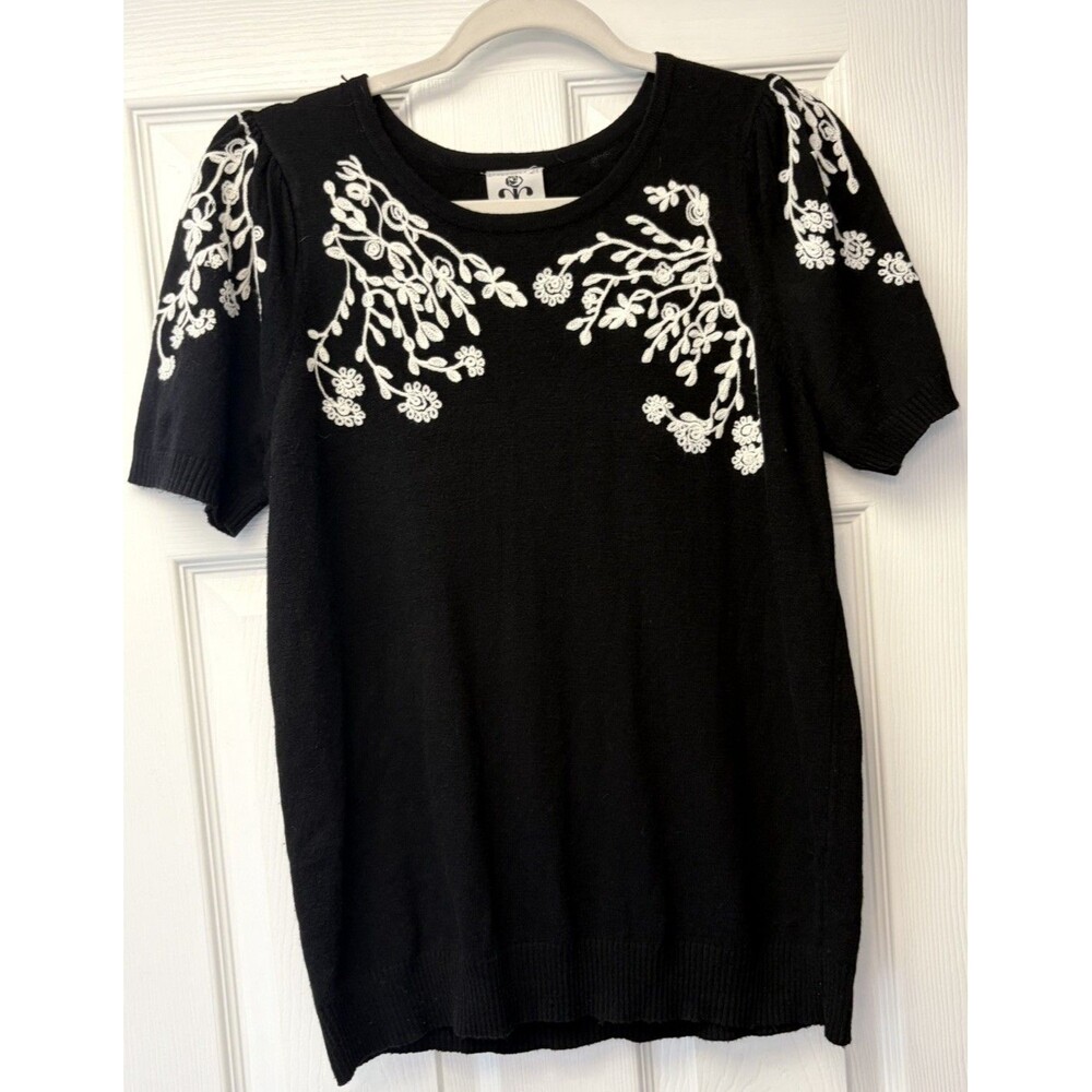 Rain + Rose Women's M Flower Embroidered Sweater Cozy Cottagecore Puff Sleeve
